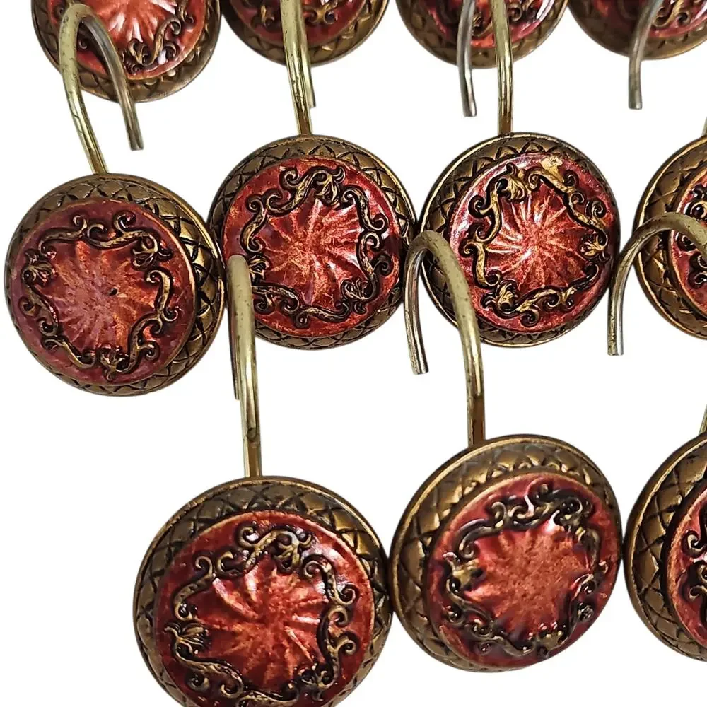 Set of 12 Shower Curtain Hooks Red Gold Ornate Bathroom Decor Whimsy